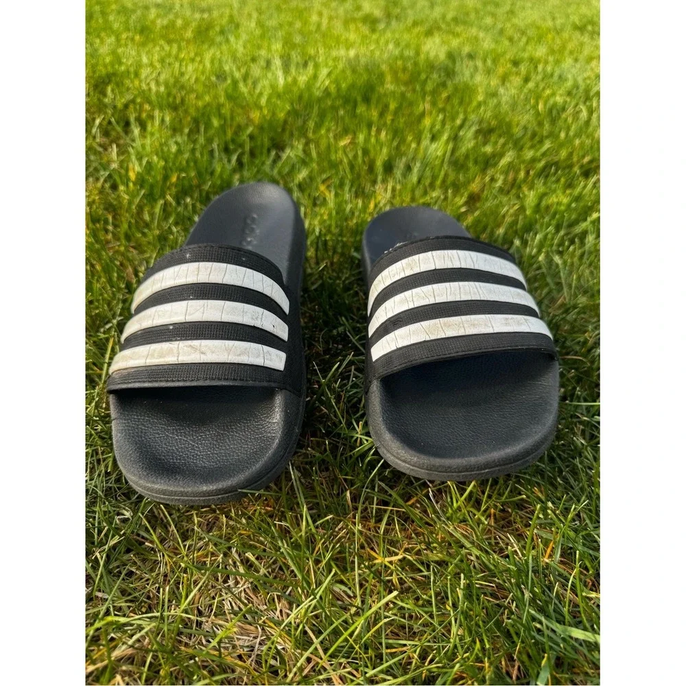 adidas Black Slides with White Stripes